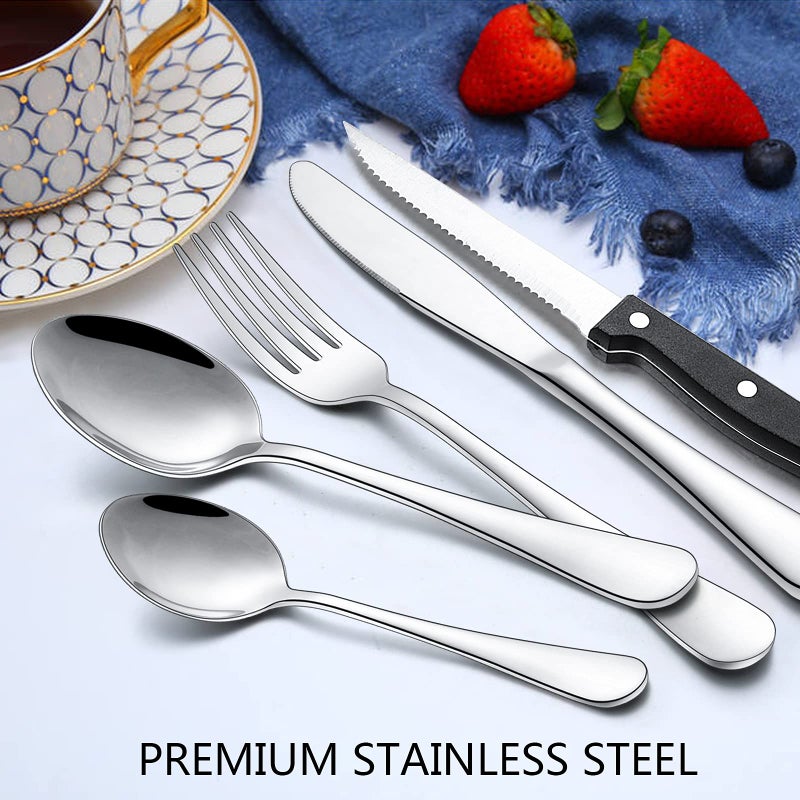 Wildone 24-Piece Flatware Set with Steak Knives, Stainless Steel Silverware Cutlery Set Service for 4, Tableware Eating Utensils Include Knives/Forks/Spoons, Mirror Polished, Dishwasher Safe - Image 4